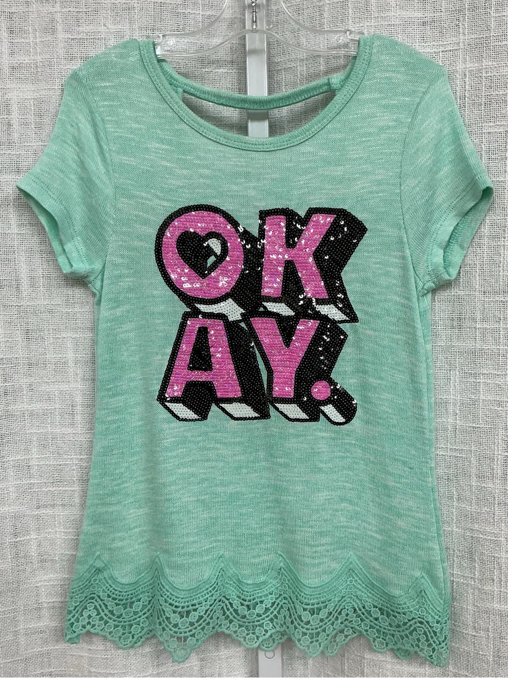 Girls total girl Mint Green Sequin "OKAY" Tee with Pink Accents